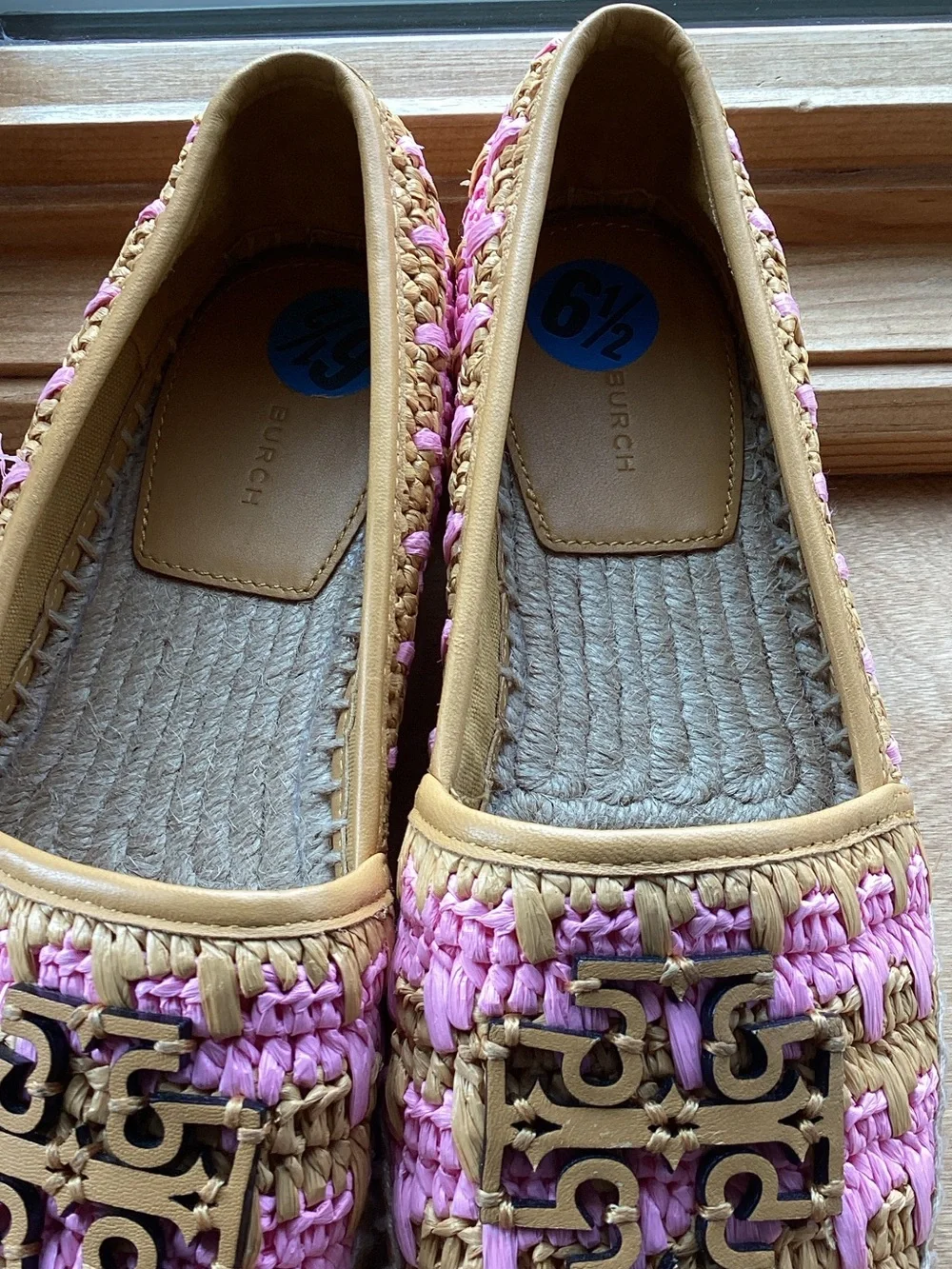 Tory Burch Pink and Natural Woven Espadrille Loafers with Logo Plaque
